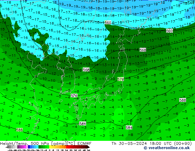 Z500/Rain (+SLP)/Z850 ECMWF чт 30.05.2024 18 UTC