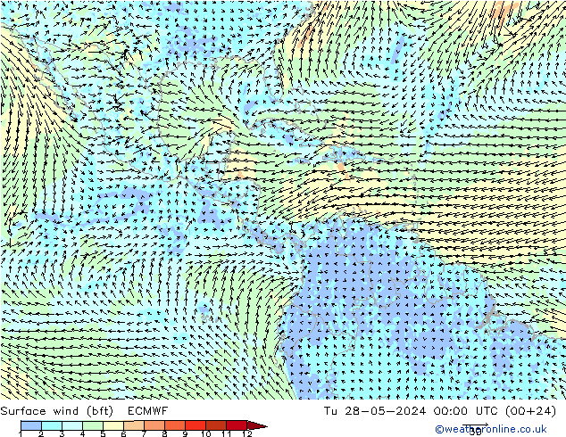 Surface wind (bft) ECMWF Tu 28.05.2024 00 UTC