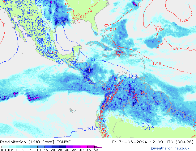 Precipitación (12h) ECMWF vie 31.05.2024 00 UTC