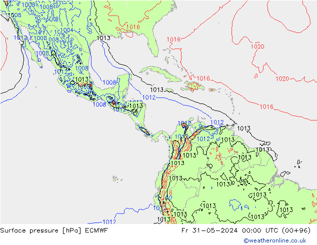 Presión superficial ECMWF vie 31.05.2024 00 UTC