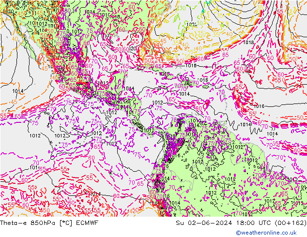 Theta-e 850hPa ECMWF Ne 02.06.2024 18 UTC