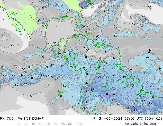 Humedad rel. 700hPa ECMWF vie 31.05.2024 06 UTC