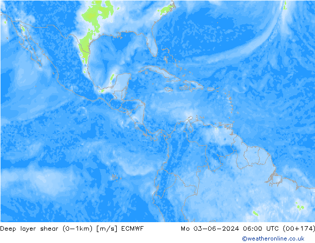 Deep layer shear (0-1km) ECMWF Mo 03.06.2024 06 UTC