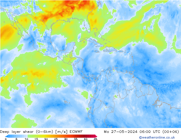 Deep layer shear (0-6km) ECMWF Pzt 27.05.2024 06 UTC