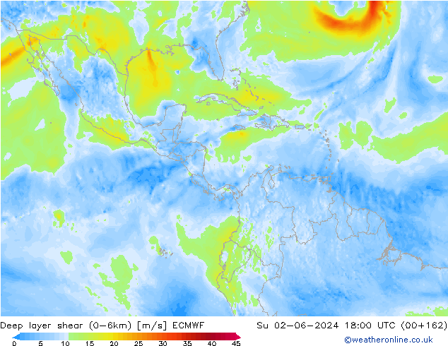 Deep layer shear (0-6km) ECMWF Dom 02.06.2024 18 UTC