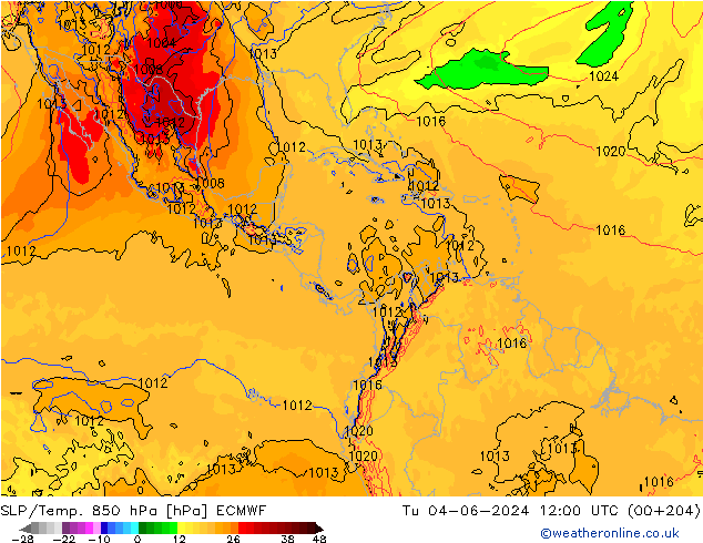 SLP/Temp. 850 hPa ECMWF mar 04.06.2024 12 UTC