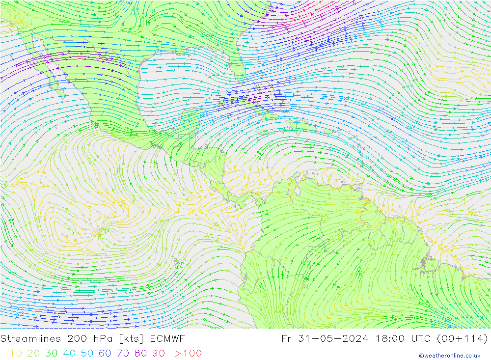 Linia prądu 200 hPa ECMWF pt. 31.05.2024 18 UTC