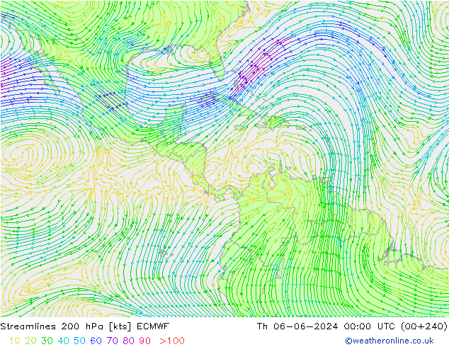 Línea de corriente 200 hPa ECMWF jue 06.06.2024 00 UTC