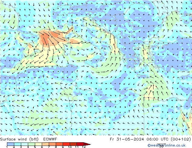 Surface wind (bft) ECMWF Pá 31.05.2024 06 UTC