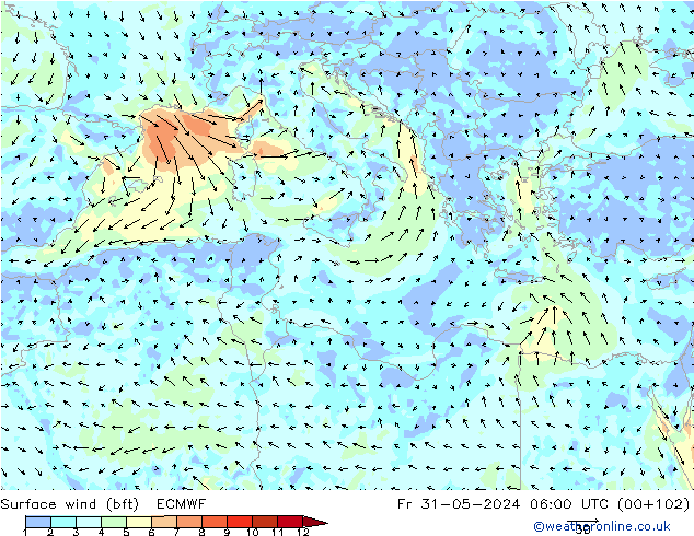 Vent 10 m (bft) ECMWF ven 31.05.2024 06 UTC