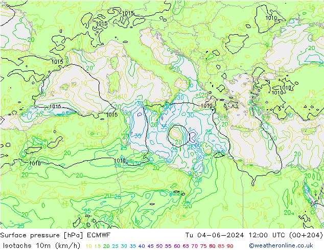 Isotachs (kph) ECMWF mar 04.06.2024 12 UTC