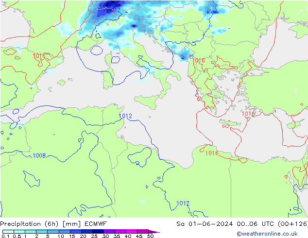 Totale neerslag (6h) ECMWF za 01.06.2024 06 UTC