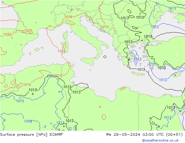 pressão do solo ECMWF Qua 29.05.2024 03 UTC