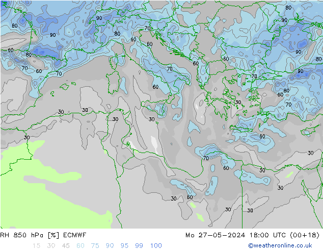 RH 850 hPa ECMWF Mo 27.05.2024 18 UTC