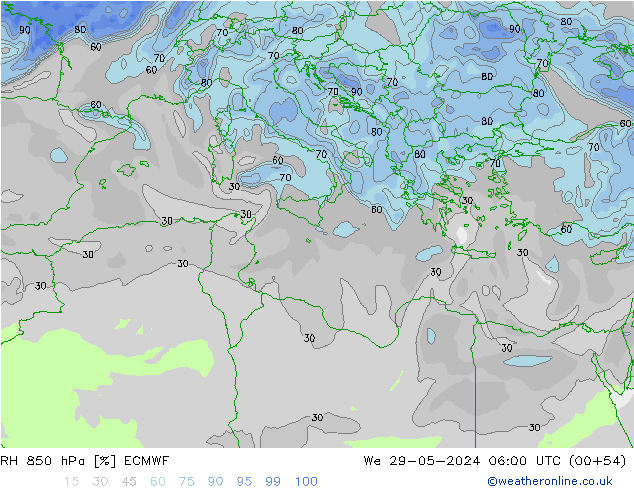 RH 850 hPa ECMWF Qua 29.05.2024 06 UTC