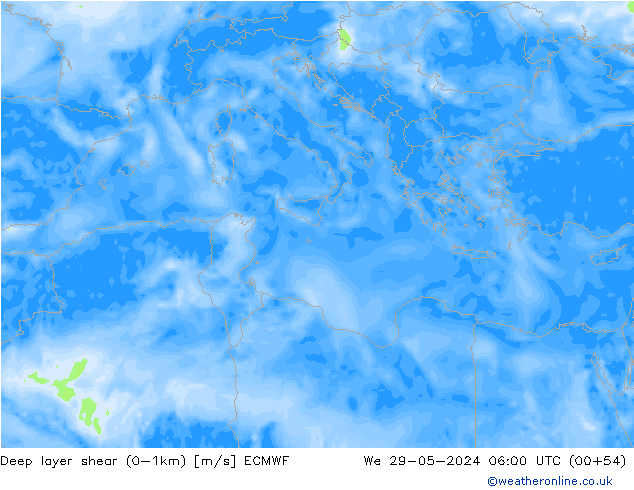 Deep layer shear (0-1km) ECMWF Qua 29.05.2024 06 UTC