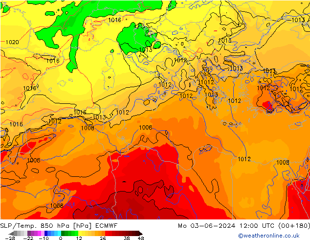 SLP/Temp. 850 hPa ECMWF Mo 03.06.2024 12 UTC