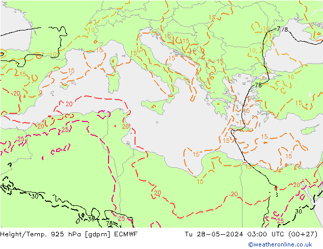 Height/Temp. 925 гПа ECMWF вт 28.05.2024 03 UTC