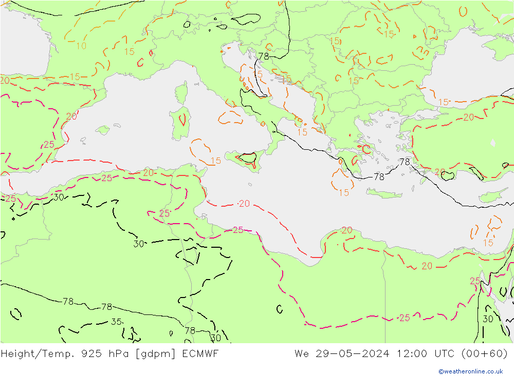 Géop./Temp. 925 hPa ECMWF mer 29.05.2024 12 UTC