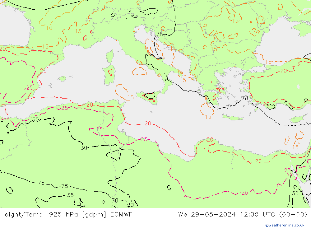 Height/Temp. 925 hPa ECMWF We 29.05.2024 12 UTC