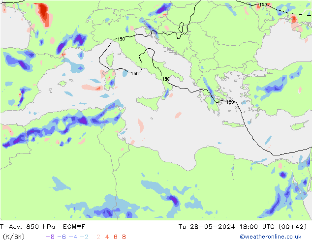 T-Adv. 850 hPa ECMWF Út 28.05.2024 18 UTC