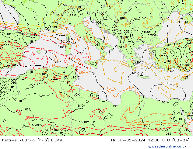 Theta-e 700hPa ECMWF czw. 30.05.2024 12 UTC