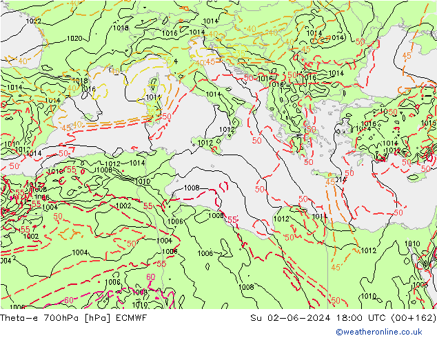 Theta-e 700hPa ECMWF Su 02.06.2024 18 UTC