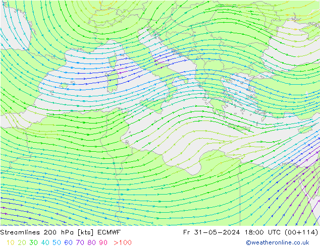 Stroomlijn 200 hPa ECMWF vr 31.05.2024 18 UTC