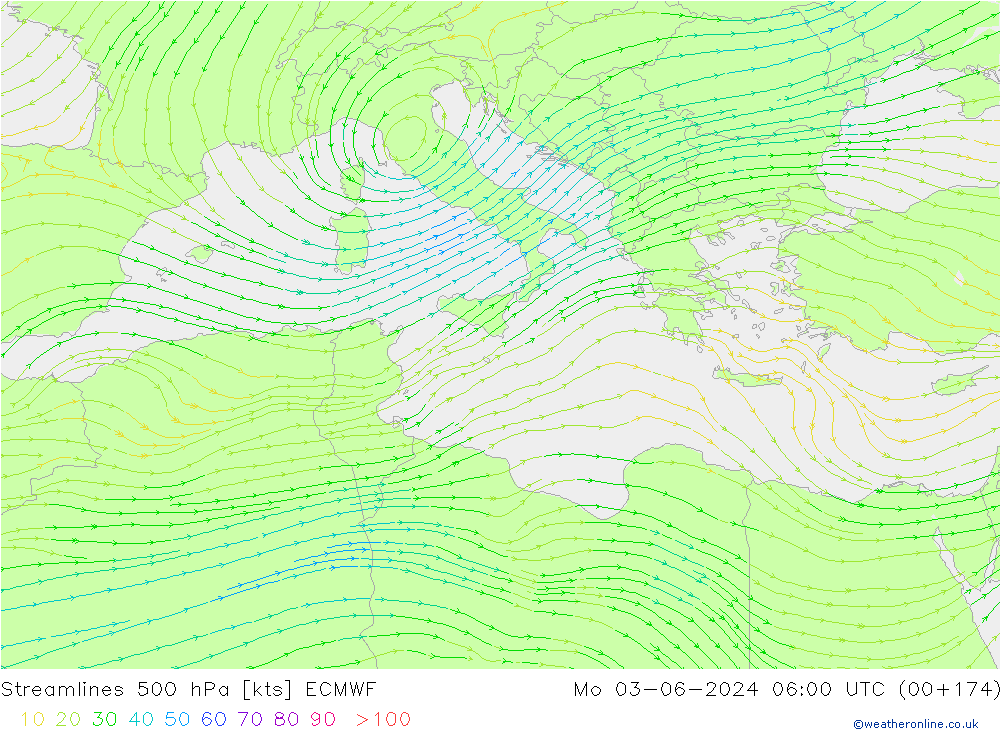 Streamlines 500 hPa ECMWF Mo 03.06.2024 06 UTC