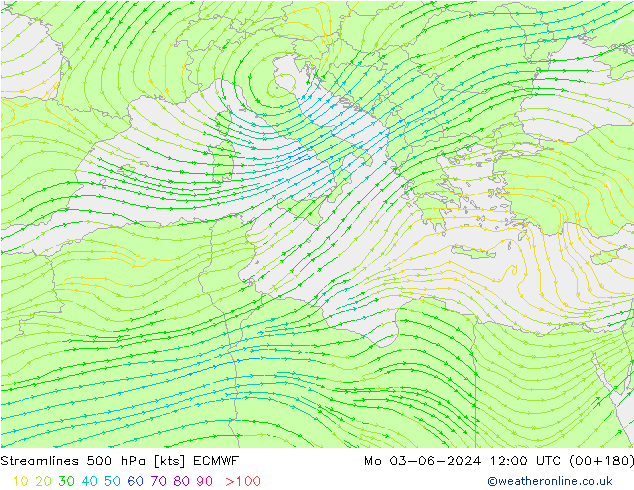 Streamlines 500 hPa ECMWF Mo 03.06.2024 12 UTC