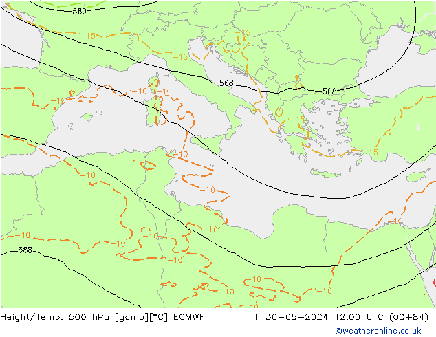 Z500/Rain (+SLP)/Z850 ECMWF jue 30.05.2024 12 UTC