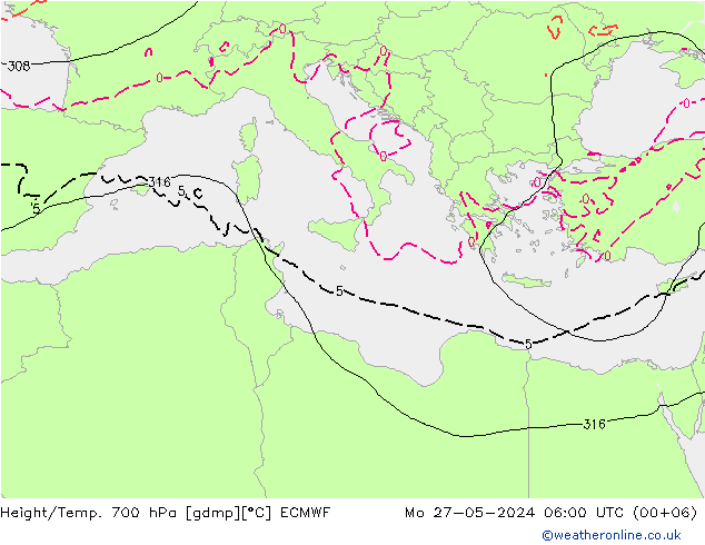 Geop./Temp. 700 hPa ECMWF lun 27.05.2024 06 UTC