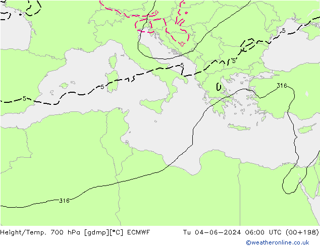 Yükseklik/Sıc. 700 hPa ECMWF Sa 04.06.2024 06 UTC