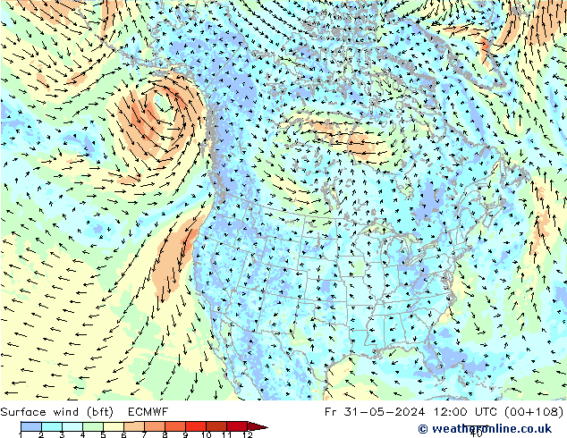 Viento 10 m (bft) ECMWF vie 31.05.2024 12 UTC