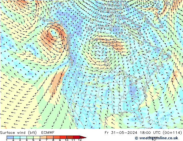 Rüzgar 10 m (bft) ECMWF Cu 31.05.2024 18 UTC