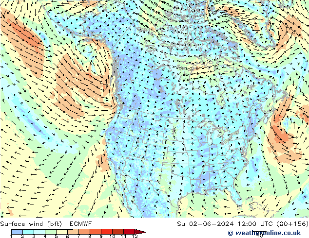 Surface wind (bft) ECMWF Su 02.06.2024 12 UTC