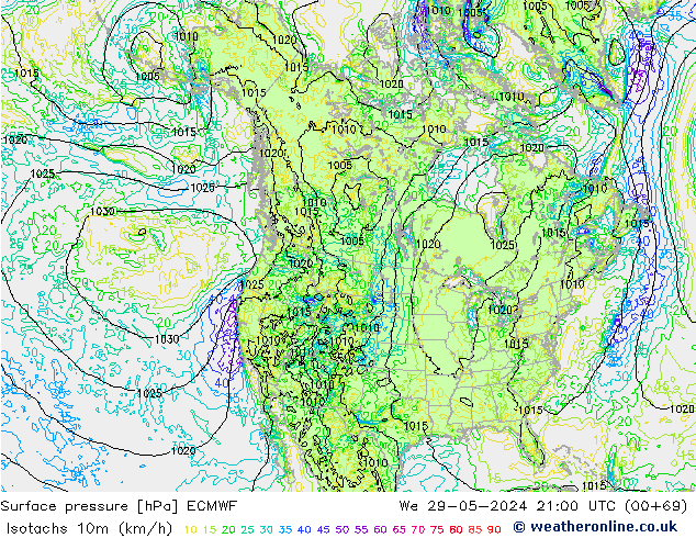 Isotaca (kph) ECMWF mié 29.05.2024 21 UTC