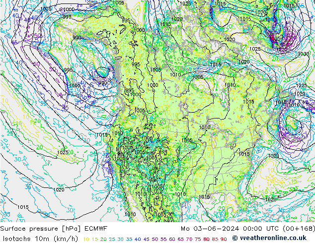 Isotachs (kph) ECMWF Mo 03.06.2024 00 UTC