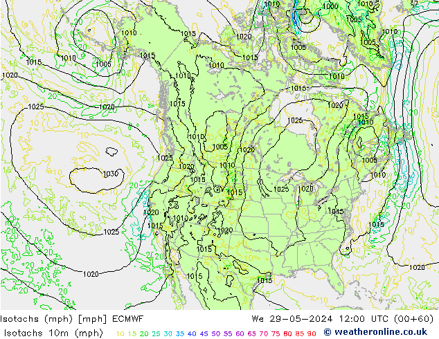 Isotachs (mph) ECMWF  29.05.2024 12 UTC