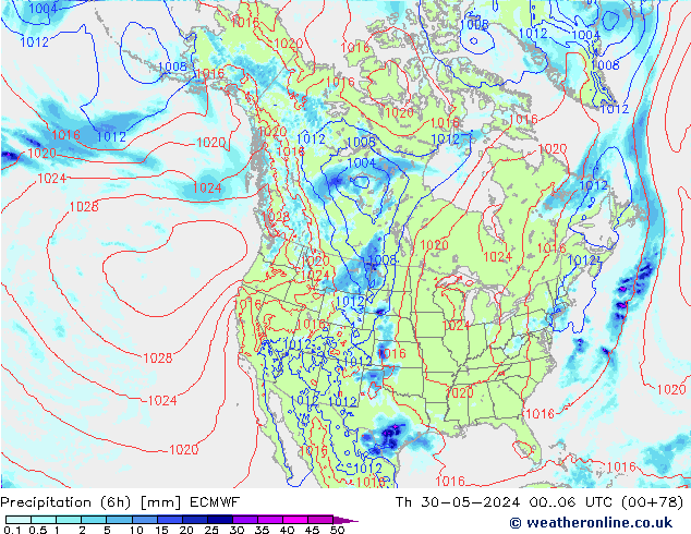 Z500/Rain (+SLP)/Z850 ECMWF Čt 30.05.2024 06 UTC