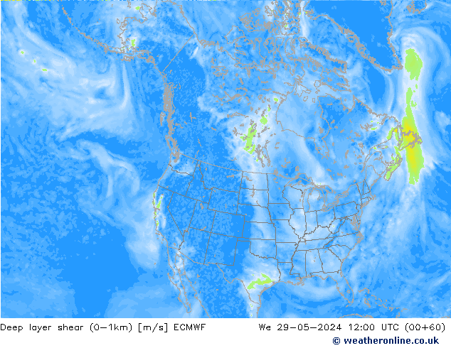 Deep layer shear (0-1km) ECMWF mié 29.05.2024 12 UTC