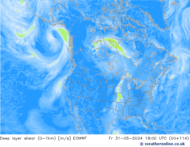 Deep layer shear (0-1km) ECMWF vr 31.05.2024 18 UTC