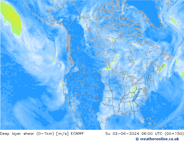 Deep layer shear (0-1km) ECMWF Ne 02.06.2024 06 UTC