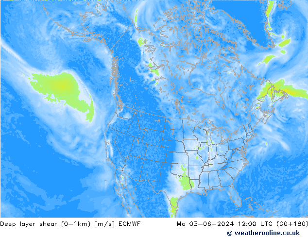 Deep layer shear (0-1km) ECMWF Pzt 03.06.2024 12 UTC