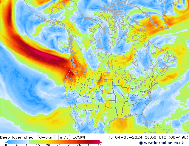 Deep layer shear (0-6km) ECMWF Tu 04.06.2024 06 UTC