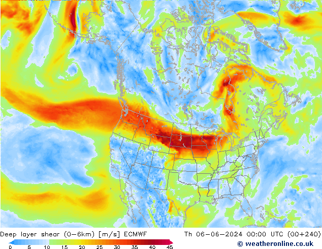 Deep layer shear (0-6km) ECMWF do 06.06.2024 00 UTC