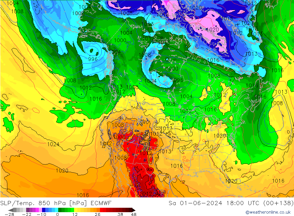 SLP/Temp. 850 hPa ECMWF Sa 01.06.2024 18 UTC