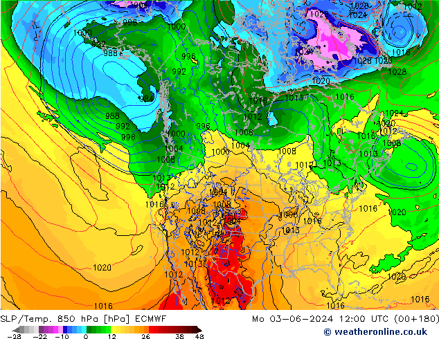 SLP/Temp. 850 гПа ECMWF пн 03.06.2024 12 UTC