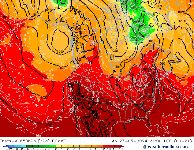 Theta-W 850гПа ECMWF пн 27.05.2024 21 UTC