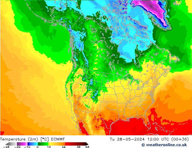 Temperature (2m) ECMWF Tu 28.05.2024 12 UTC